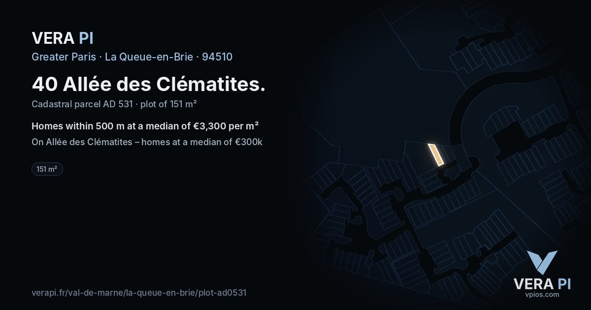 40 Allée des Clématites, La Queue-en-Brie at night – the plot lit, the parcels around coloured by the prices near them