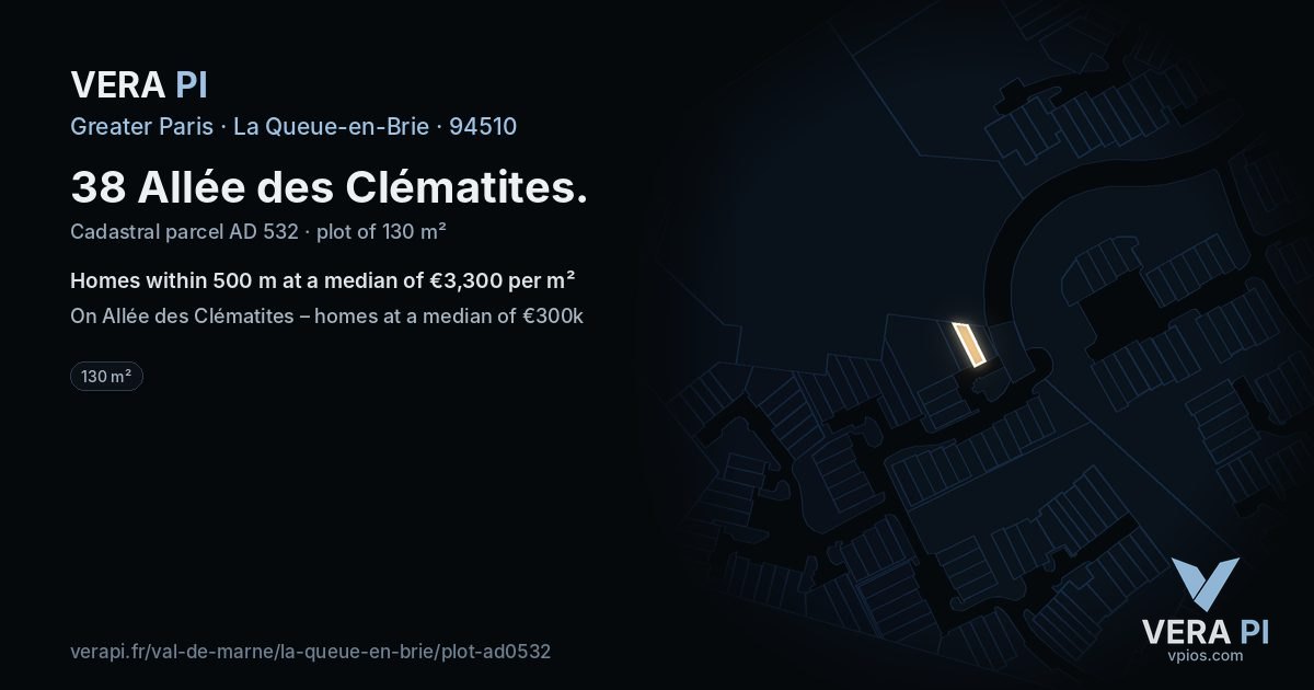 38 Allée des Clématites, La Queue-en-Brie at night – the plot lit, the parcels around coloured by the prices near them