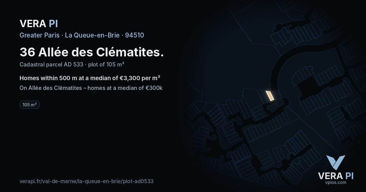 36 Allée des Clématites, La Queue-en-Brie at night – the plot lit, the parcels around coloured by the prices near them