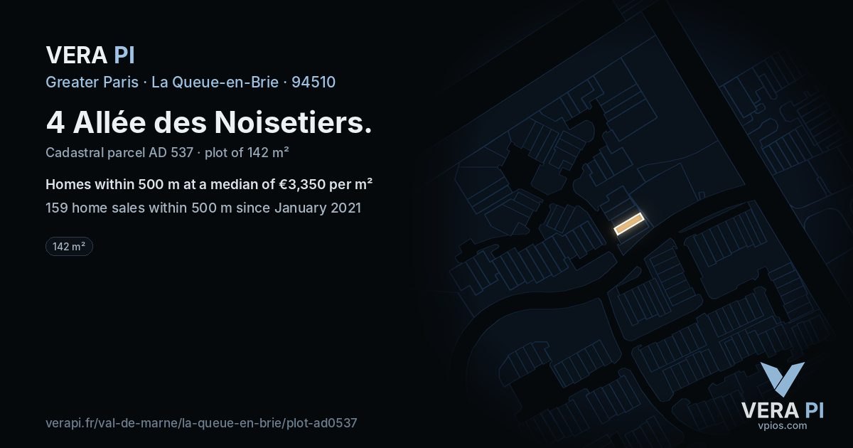 4 Allée des Noisetiers, La Queue-en-Brie at night – the plot lit, the parcels around coloured by the prices near them