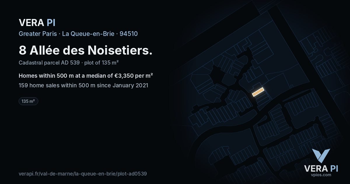 8 Allée des Noisetiers, La Queue-en-Brie at night – the plot lit, the parcels around coloured by the prices near them