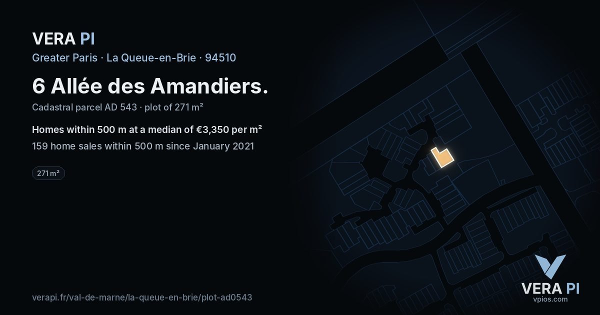 6 Allée des Amandiers, La Queue-en-Brie at night – the plot lit, the parcels around coloured by the prices near them