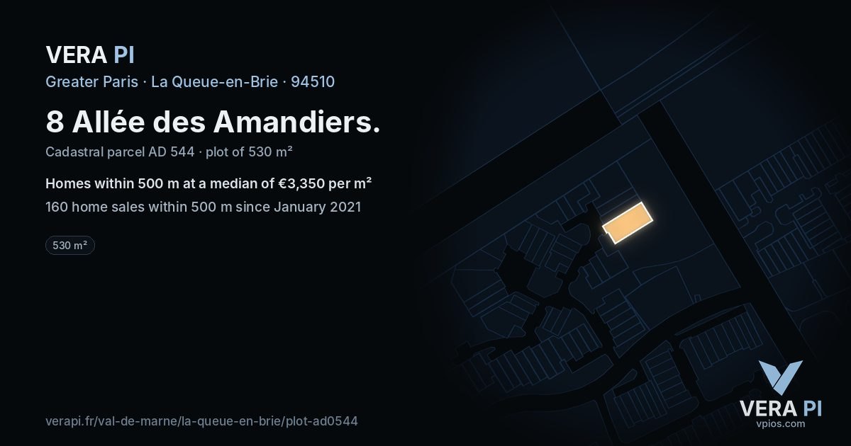 8 Allée des Amandiers, La Queue-en-Brie at night – the plot lit, the parcels around coloured by the prices near them