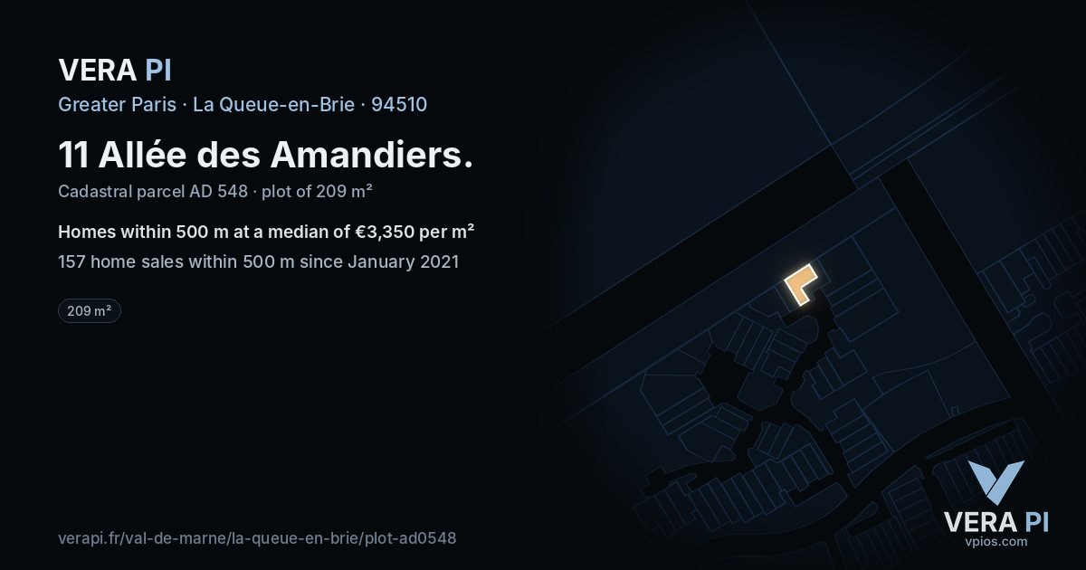 11 Allée des Amandiers, La Queue-en-Brie at night – the plot lit, the parcels around coloured by the prices near them
