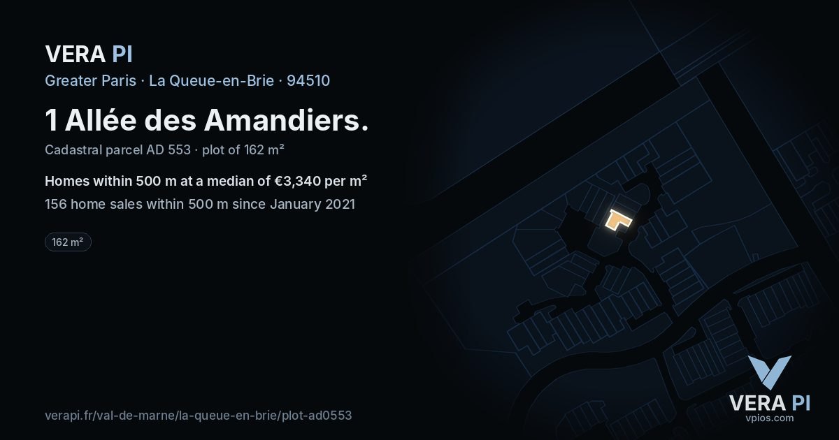1 Allée des Amandiers, La Queue-en-Brie at night – the plot lit, the parcels around coloured by the prices near them