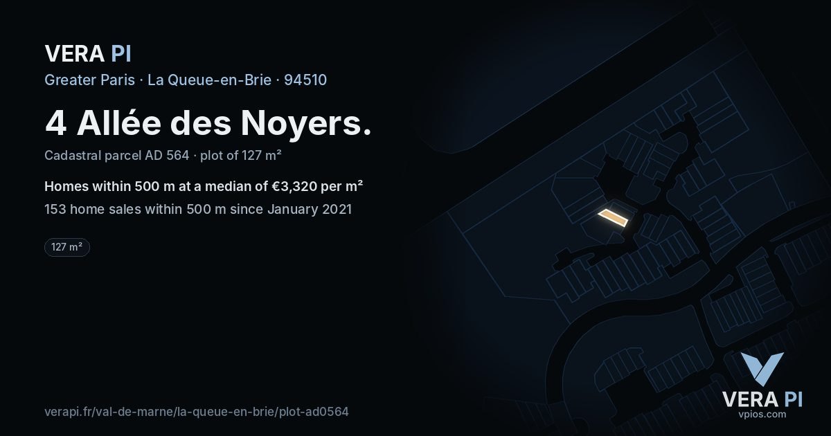 4 Allée des Noyers, La Queue-en-Brie at night – the plot lit, the parcels around coloured by the prices near them