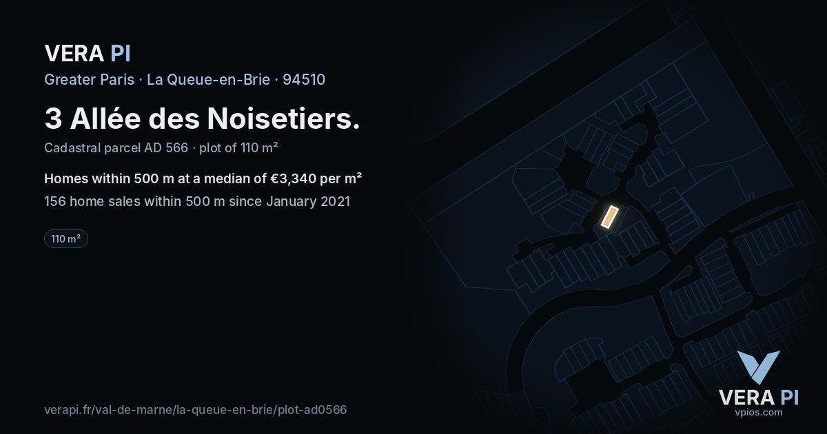 3 Allée des Noisetiers, La Queue-en-Brie at night – the plot lit, the parcels around coloured by the prices near them