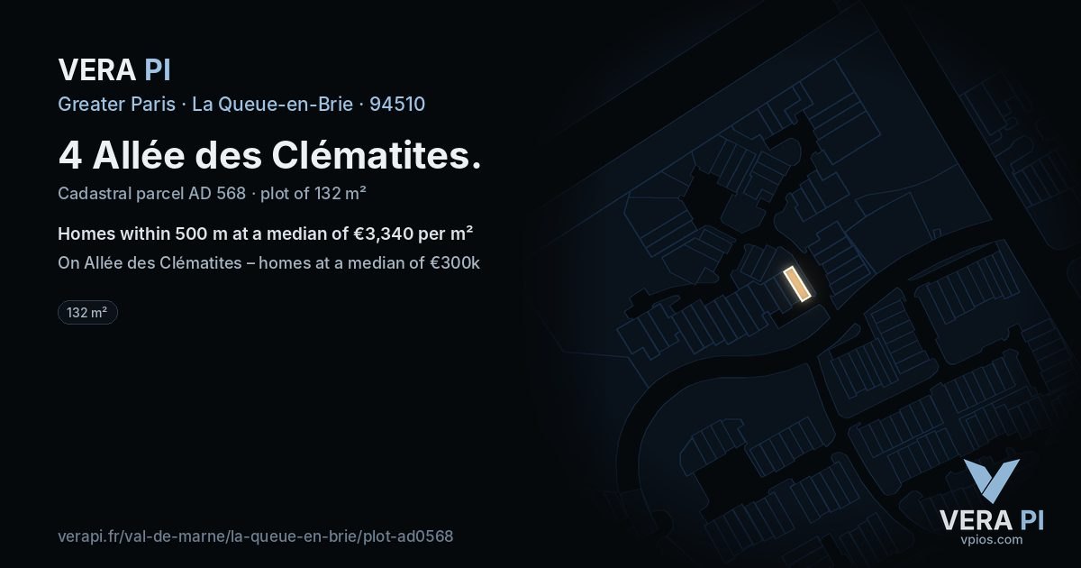 4 Allée des Clématites, La Queue-en-Brie at night – the plot lit, the parcels around coloured by the prices near them