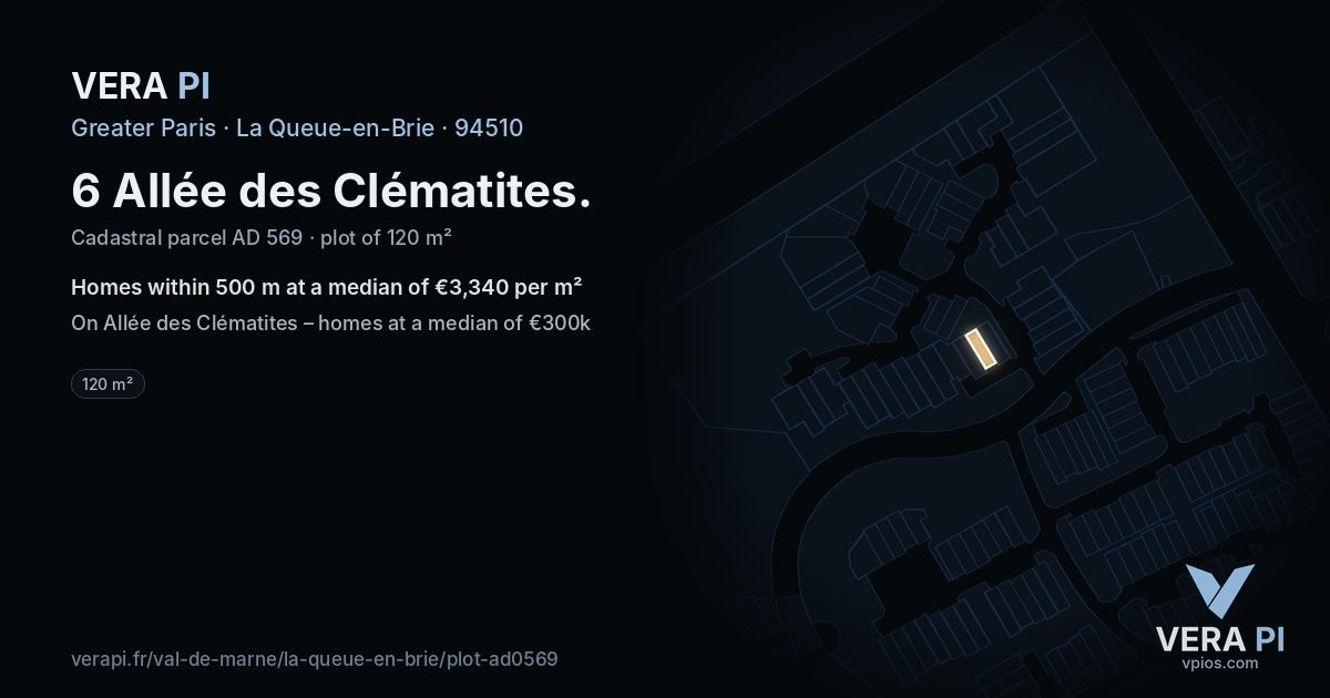 6 Allée des Clématites, La Queue-en-Brie at night – the plot lit, the parcels around coloured by the prices near them