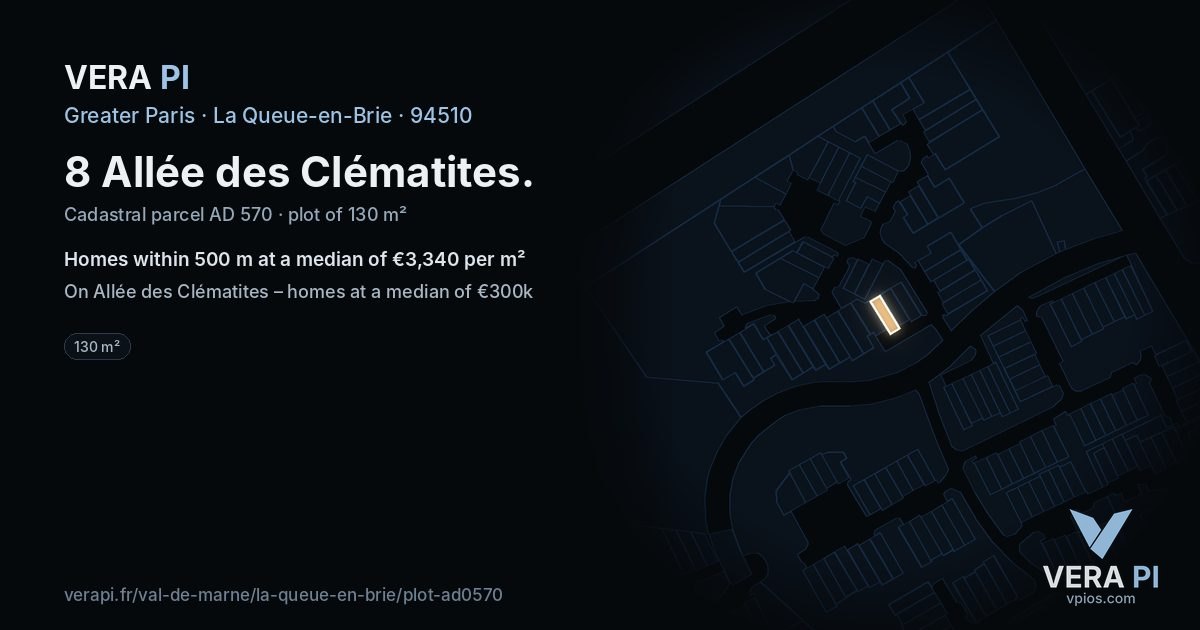 8 Allée des Clématites, La Queue-en-Brie at night – the plot lit, the parcels around coloured by the prices near them