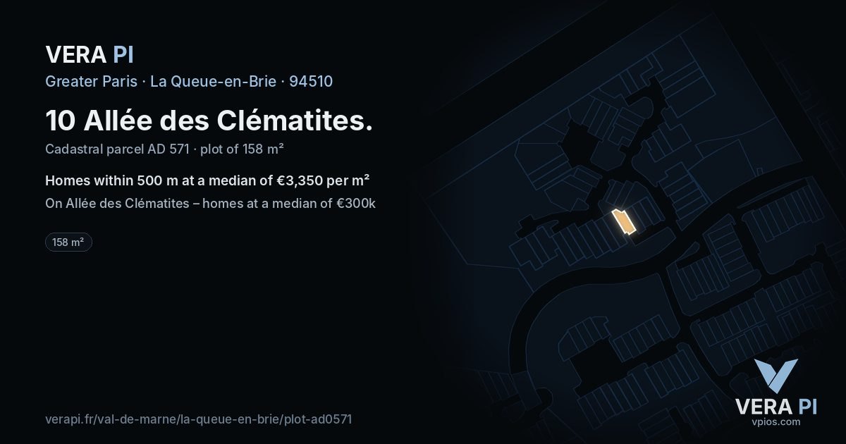 10 Allée des Clématites, La Queue-en-Brie at night – the plot lit, the parcels around coloured by the prices near them