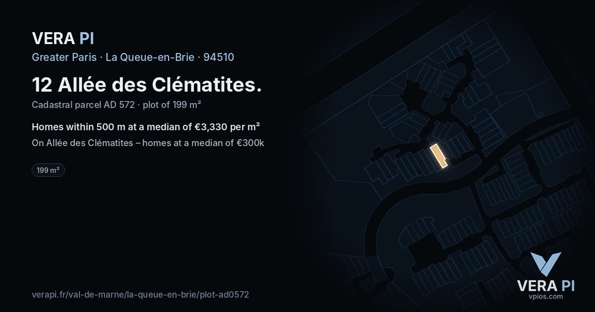 12 Allée des Clématites, La Queue-en-Brie at night – the plot lit, the parcels around coloured by the prices near them