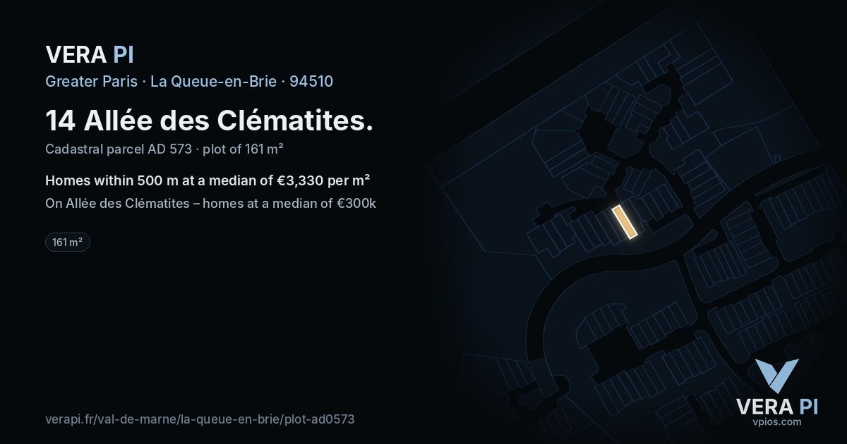14 Allée des Clématites, La Queue-en-Brie at night – the plot lit, the parcels around coloured by the prices near them