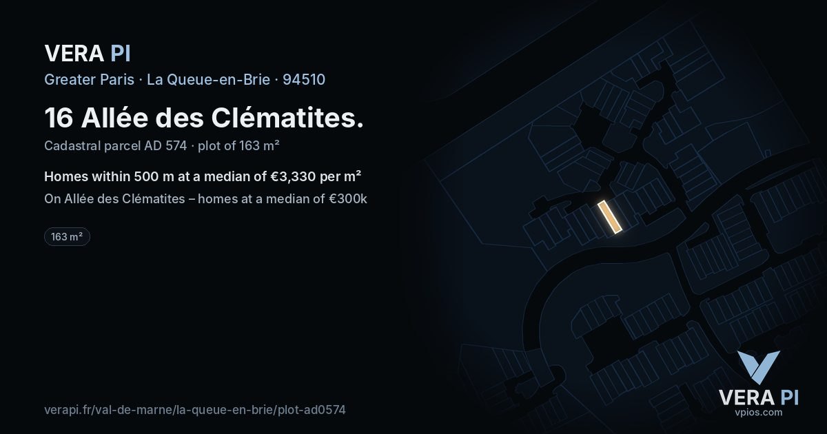 16 Allée des Clématites, La Queue-en-Brie at night – the plot lit, the parcels around coloured by the prices near them