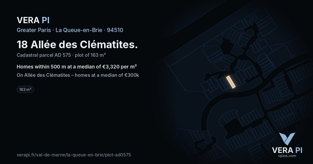 18 Allée des Clématites, La Queue-en-Brie at night – the plot lit, the parcels around coloured by the prices near them