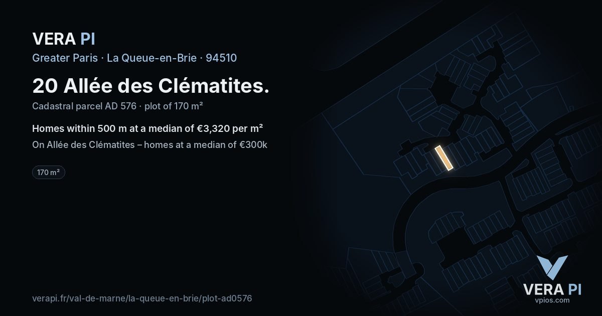 20 Allée des Clématites, La Queue-en-Brie at night – the plot lit, the parcels around coloured by the prices near them