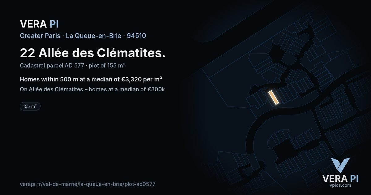 22 Allée des Clématites, La Queue-en-Brie at night – the plot lit, the parcels around coloured by the prices near them