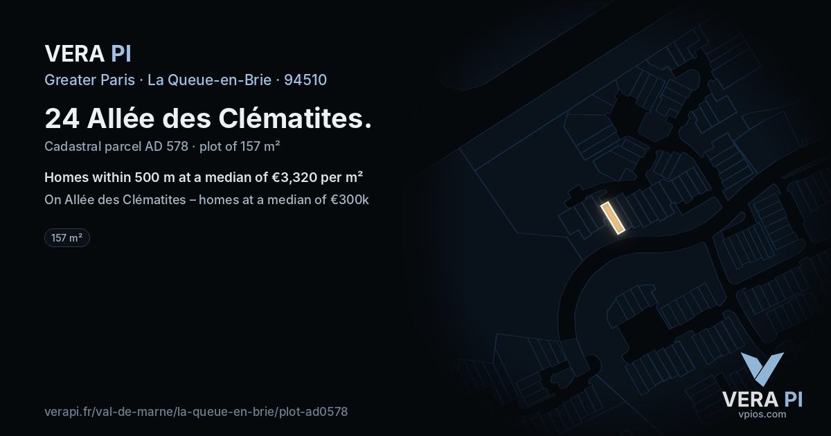 24 Allée des Clématites, La Queue-en-Brie at night – the plot lit, the parcels around coloured by the prices near them