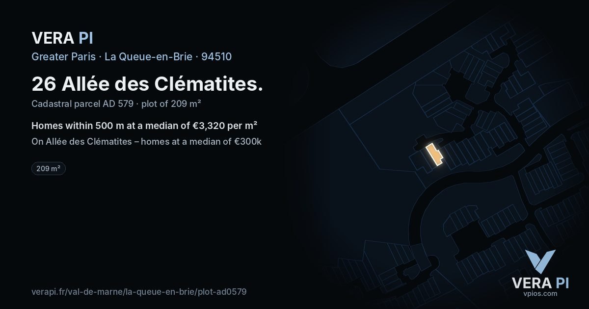 26 Allée des Clématites, La Queue-en-Brie at night – the plot lit, the parcels around coloured by the prices near them