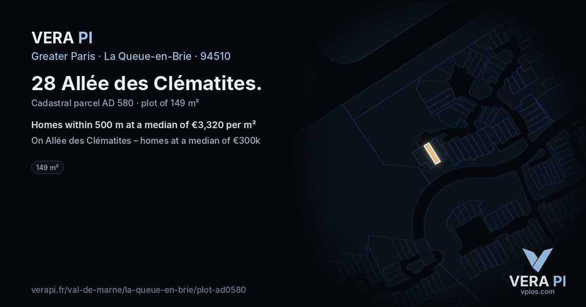 28 Allée des Clématites, La Queue-en-Brie at night – the plot lit, the parcels around coloured by the prices near them