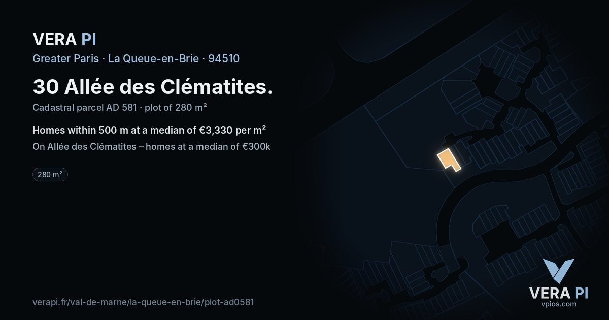 30 Allée des Clématites, La Queue-en-Brie at night – the plot lit, the parcels around coloured by the prices near them
