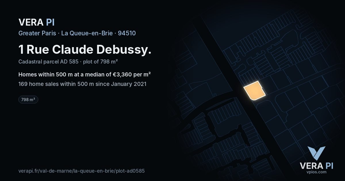 1 Rue Claude Debussy, La Queue-en-Brie at night – the plot lit, the parcels around coloured by the prices near them