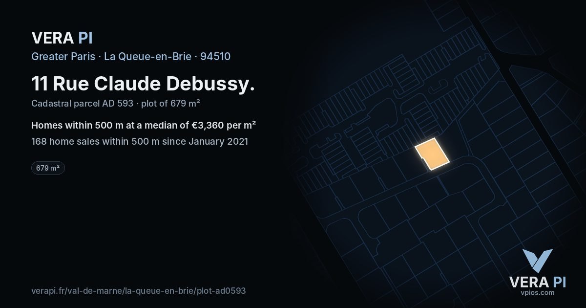 11 Rue Claude Debussy, La Queue-en-Brie at night – the plot lit, the parcels around coloured by the prices near them