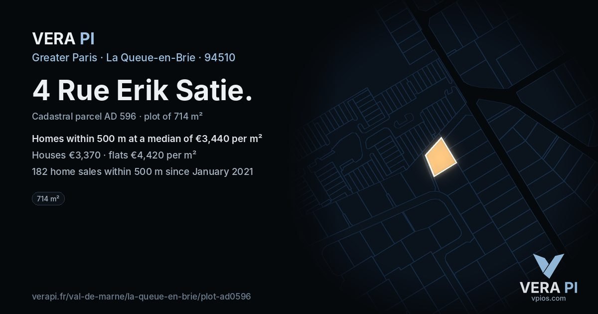 4 Rue Erik Satie, La Queue-en-Brie at night – the plot lit, the parcels around coloured by the prices near them