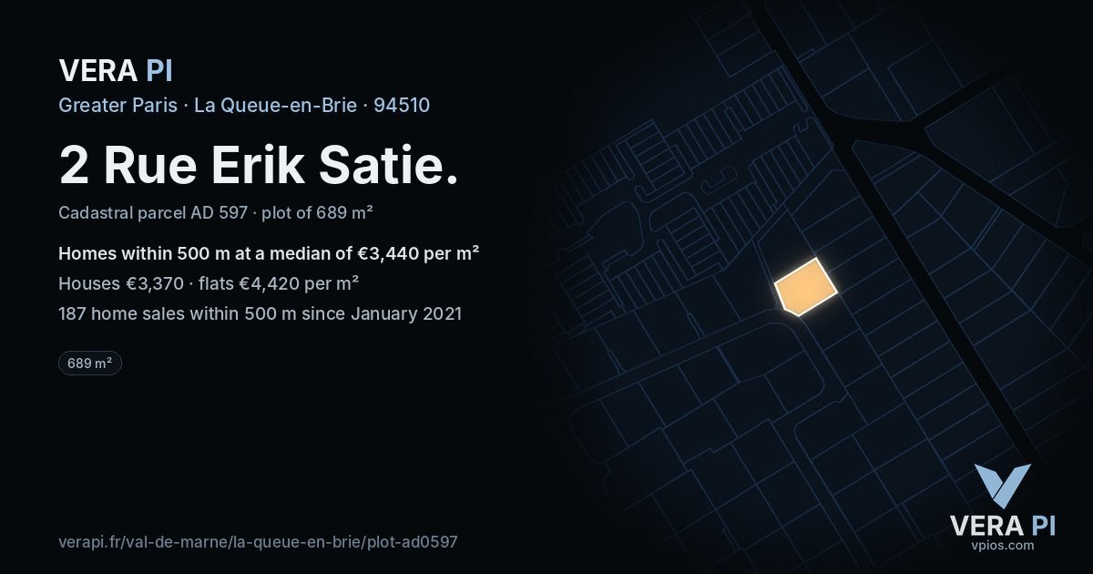 2 Rue Erik Satie, La Queue-en-Brie at night – the plot lit, the parcels around coloured by the prices near them