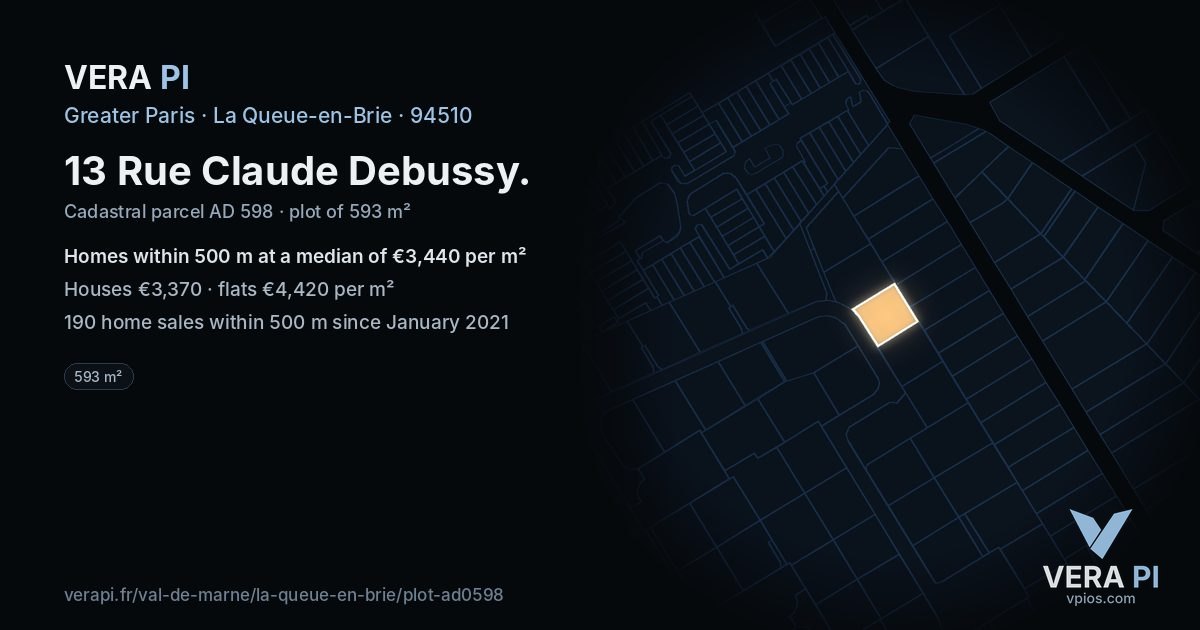 13 Rue Claude Debussy, La Queue-en-Brie at night – the plot lit, the parcels around coloured by the prices near them