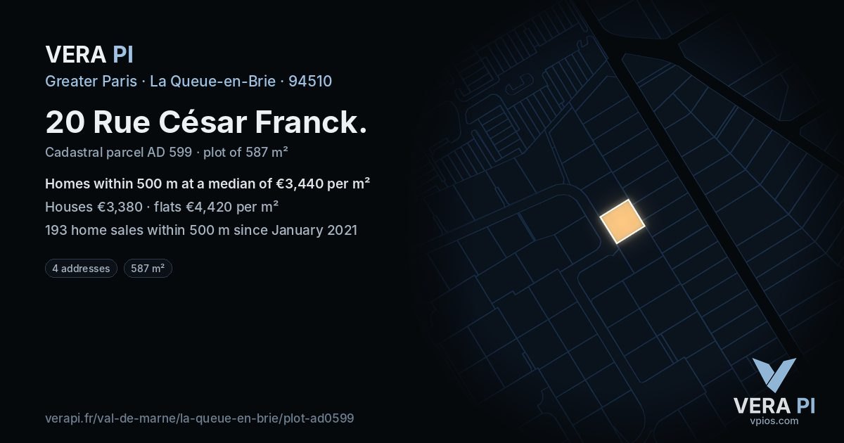20 Rue César Franck, La Queue-en-Brie at night – the plot lit, the parcels around coloured by the prices near them