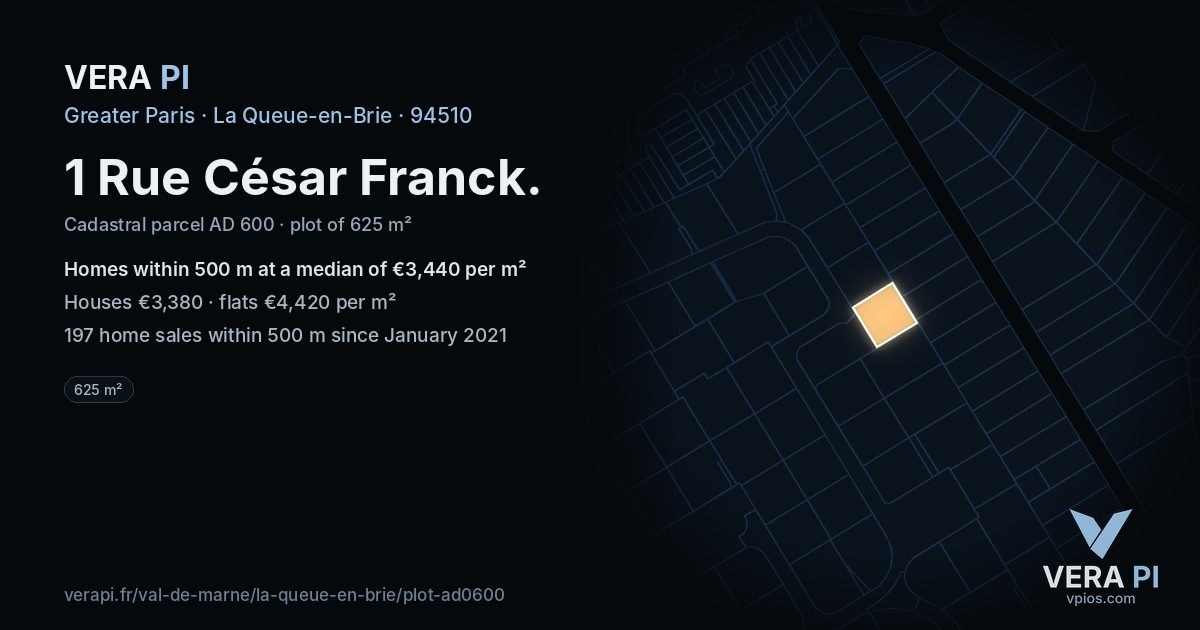 1 Rue César Franck, La Queue-en-Brie at night – the plot lit, the parcels around coloured by the prices near them