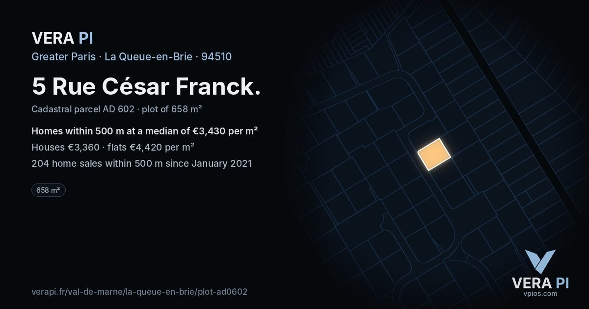 5 Rue César Franck, La Queue-en-Brie at night – the plot lit, the parcels around coloured by the prices near them