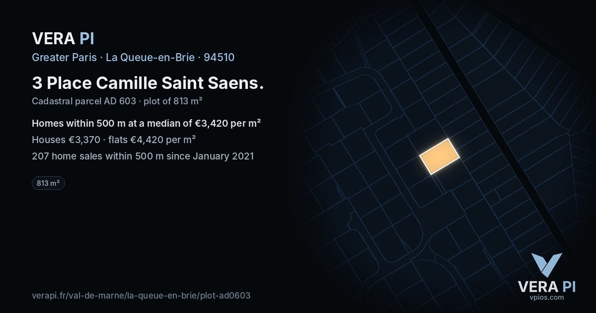 3 Place Camille Saint Saens, La Queue-en-Brie at night – the plot lit, the parcels around coloured by the prices near them