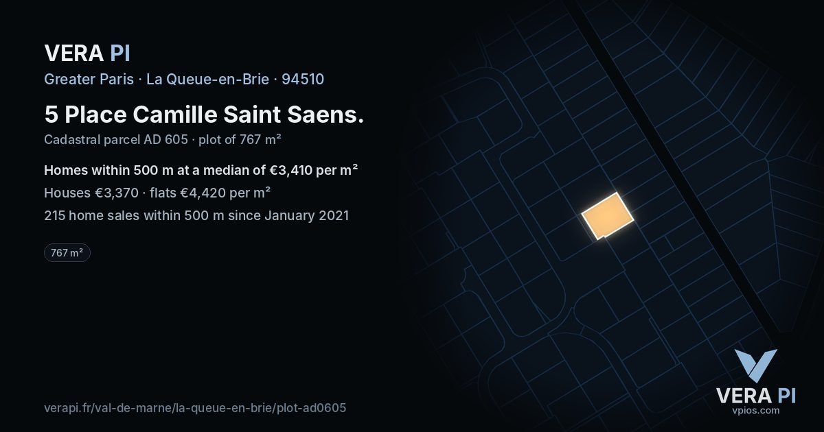 5 Place Camille Saint Saens, La Queue-en-Brie at night – the plot lit, the parcels around coloured by the prices near them
