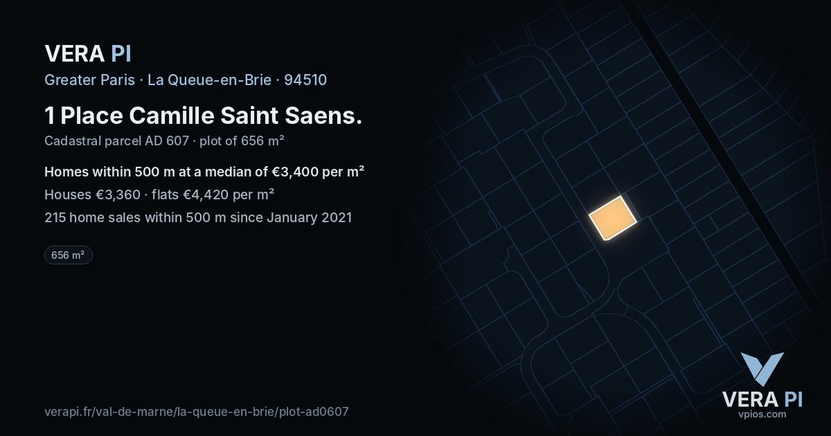 1 Place Camille Saint Saens, La Queue-en-Brie at night – the plot lit, the parcels around coloured by the prices near them