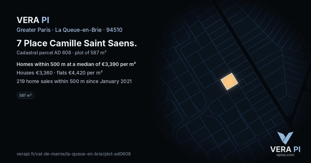 7 Place Camille Saint Saens, La Queue-en-Brie at night – the plot lit, the parcels around coloured by the prices near them