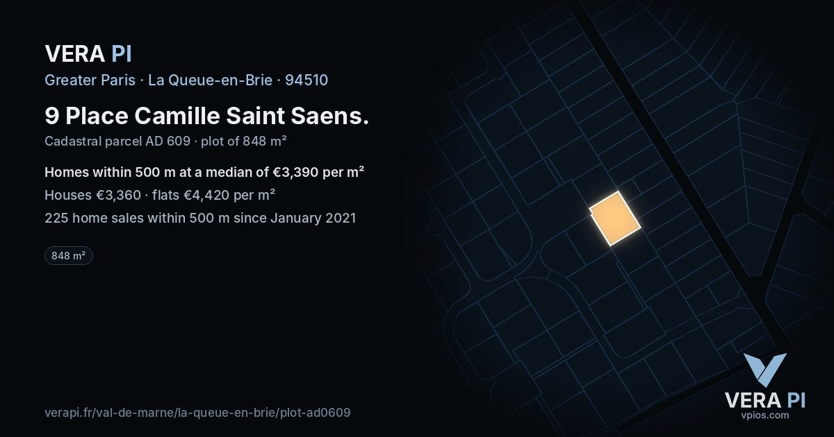 9 Place Camille Saint Saens, La Queue-en-Brie at night – the plot lit, the parcels around coloured by the prices near them
