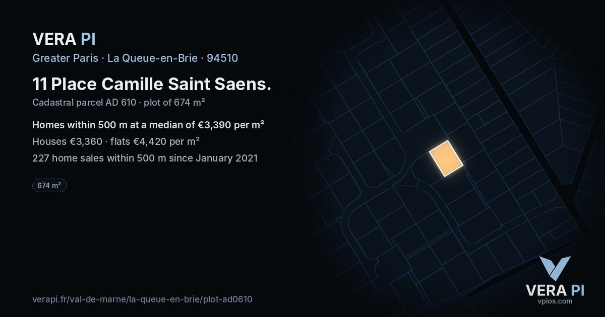 11 Place Camille Saint Saens, La Queue-en-Brie at night – the plot lit, the parcels around coloured by the prices near them