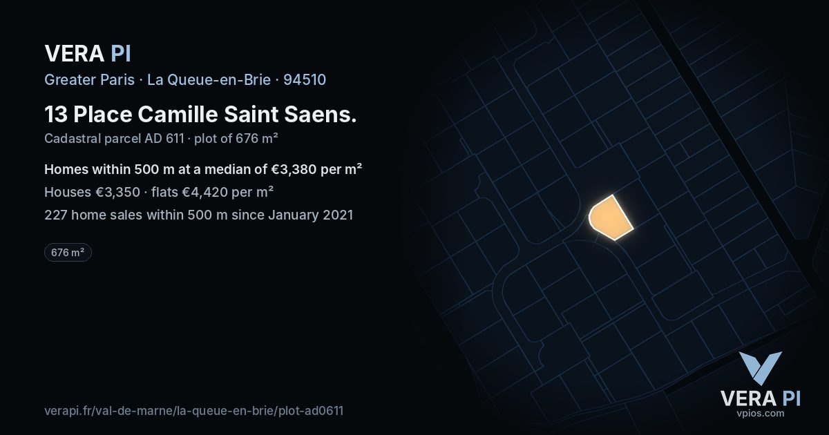 13 Place Camille Saint Saens, La Queue-en-Brie at night – the plot lit, the parcels around coloured by the prices near them