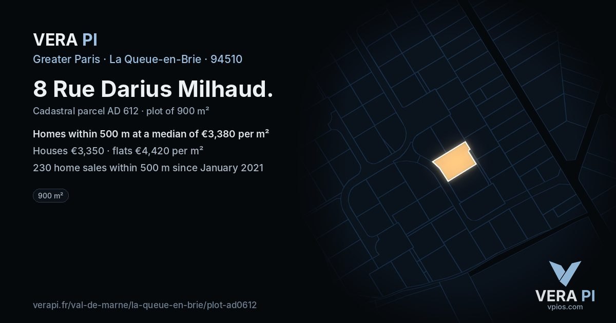 8 Rue Darius Milhaud, La Queue-en-Brie at night – the plot lit, the parcels around coloured by the prices near them