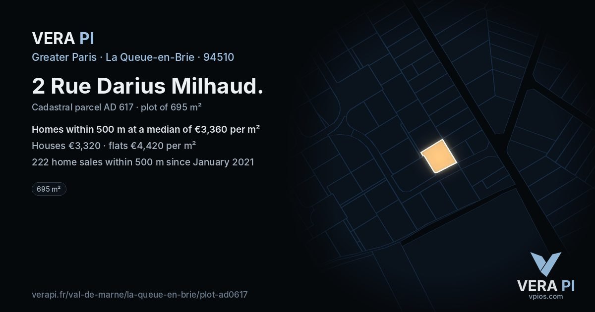 2 Rue Darius Milhaud, La Queue-en-Brie at night – the plot lit, the parcels around coloured by the prices near them