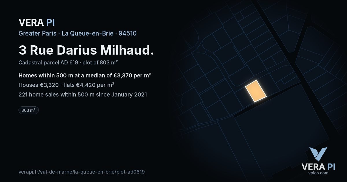 3 Rue Darius Milhaud, La Queue-en-Brie at night – the plot lit, the parcels around coloured by the prices near them