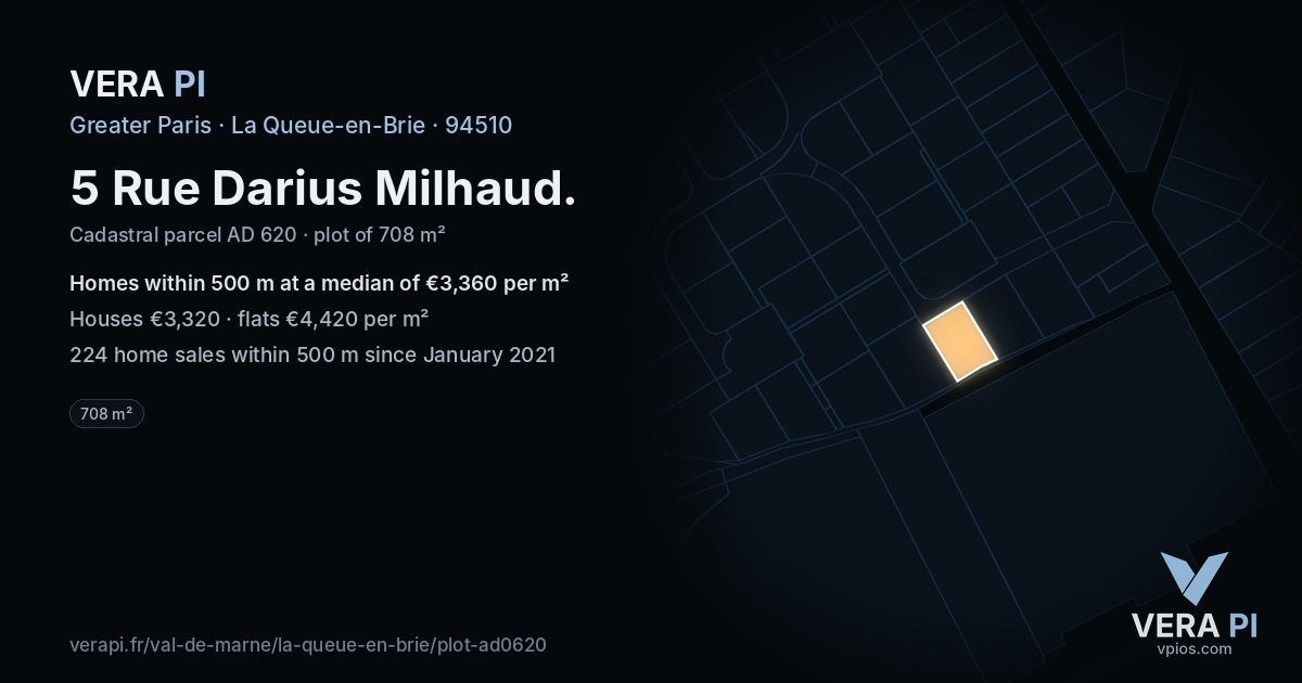 5 Rue Darius Milhaud, La Queue-en-Brie at night – the plot lit, the parcels around coloured by the prices near them