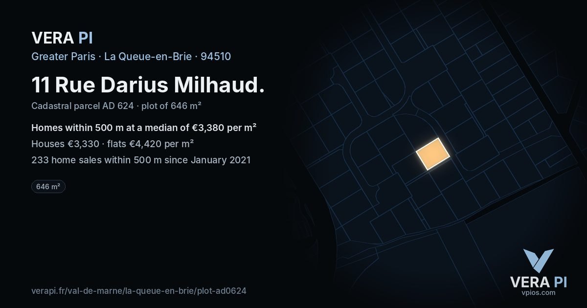 11 Rue Darius Milhaud, La Queue-en-Brie at night – the plot lit, the parcels around coloured by the prices near them