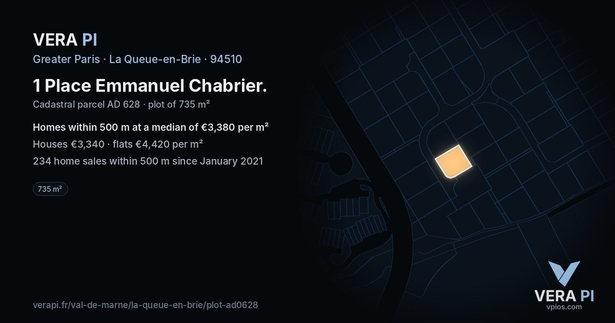 1 Place Emmanuel Chabrier, La Queue-en-Brie at night – the plot lit, the parcels around coloured by the prices near them