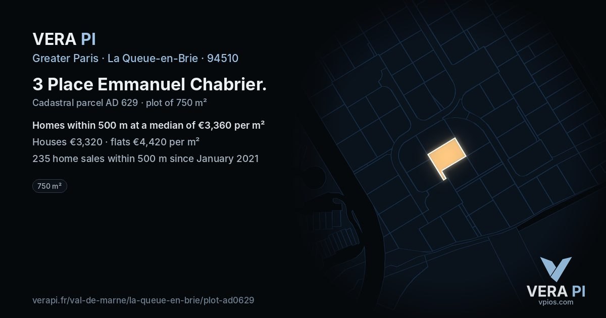 3 Place Emmanuel Chabrier, La Queue-en-Brie at night – the plot lit, the parcels around coloured by the prices near them