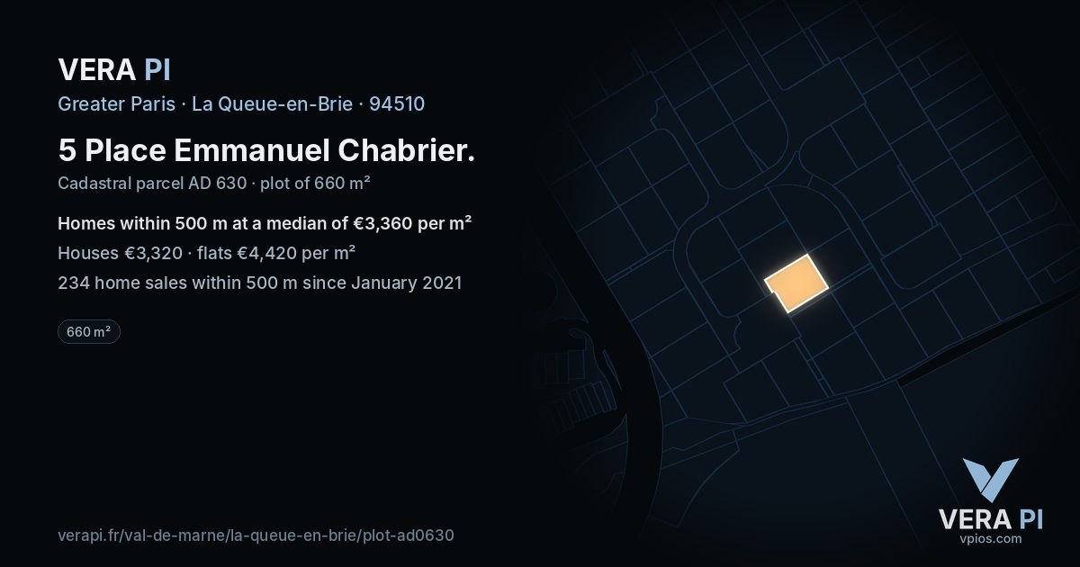 5 Place Emmanuel Chabrier, La Queue-en-Brie at night – the plot lit, the parcels around coloured by the prices near them