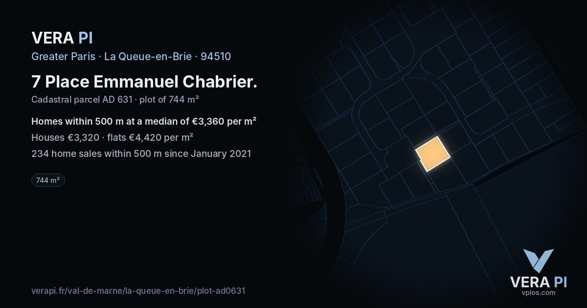 7 Place Emmanuel Chabrier, La Queue-en-Brie at night – the plot lit, the parcels around coloured by the prices near them
