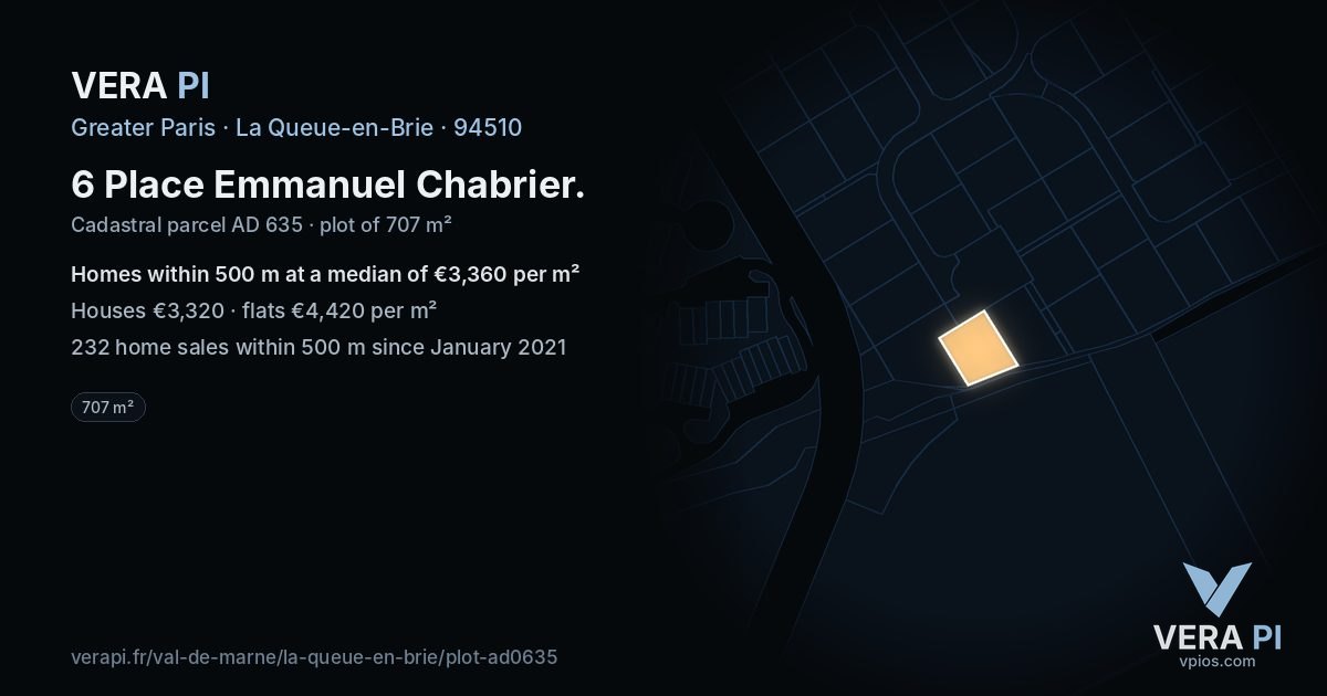 6 Place Emmanuel Chabrier, La Queue-en-Brie at night – the plot lit, the parcels around coloured by the prices near them